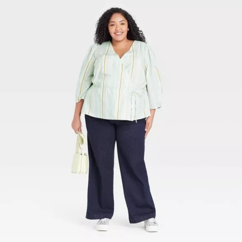 Striped 3/4 Sleeve Wrap Top Mint Green